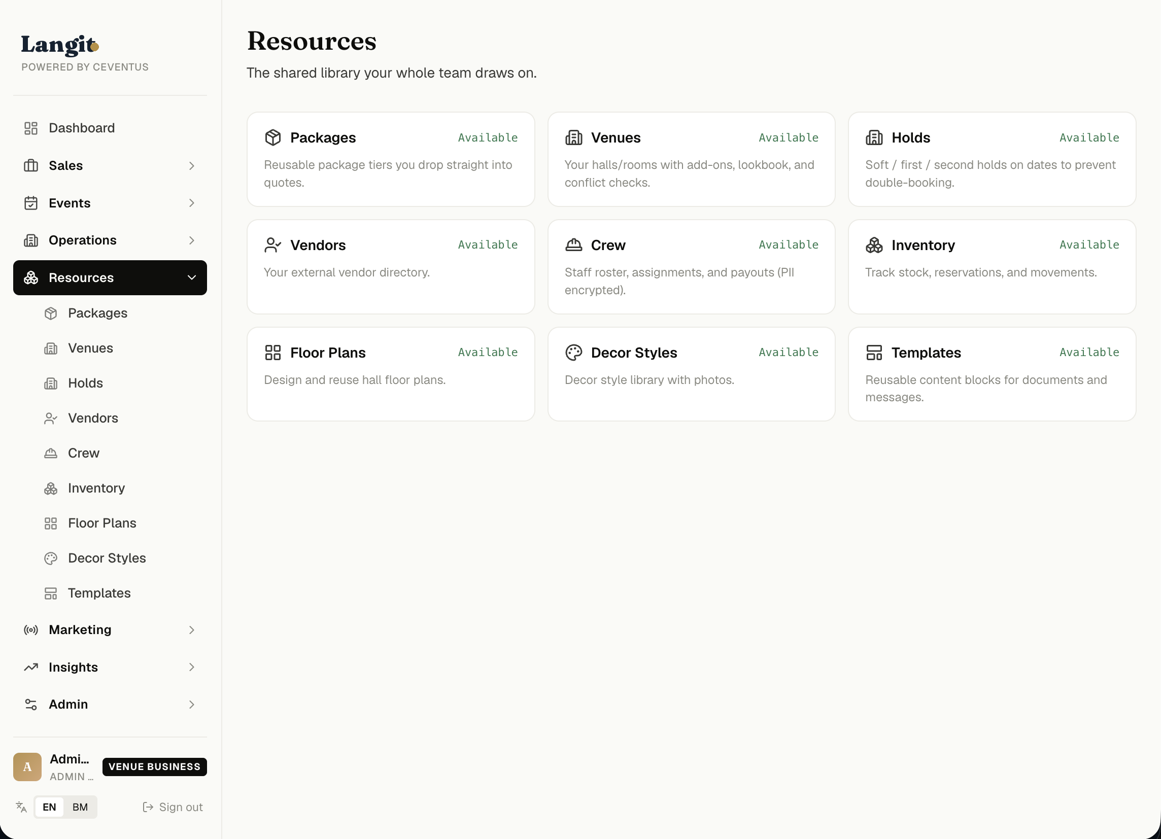 CEVENTUS resources screen with modules for packages, venues, holds, vendors, crew, inventory, floor plans, decor styles, and templates.