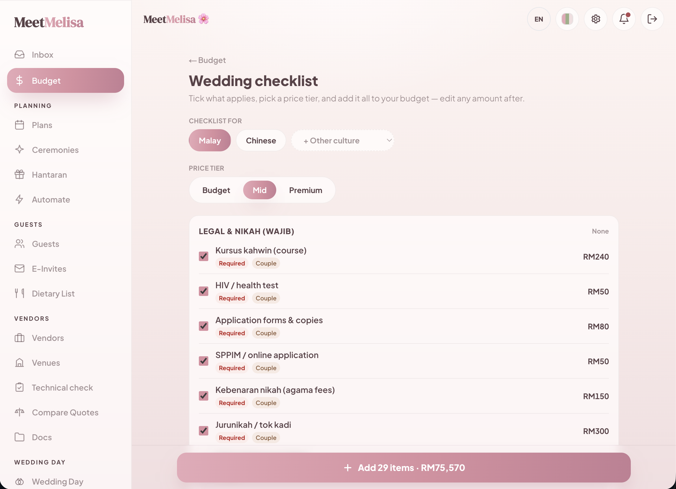 MEETMELISA wedding checklist with Malay and Chinese culture toggles, price tiers, and required nikah items with ringgit estimates.