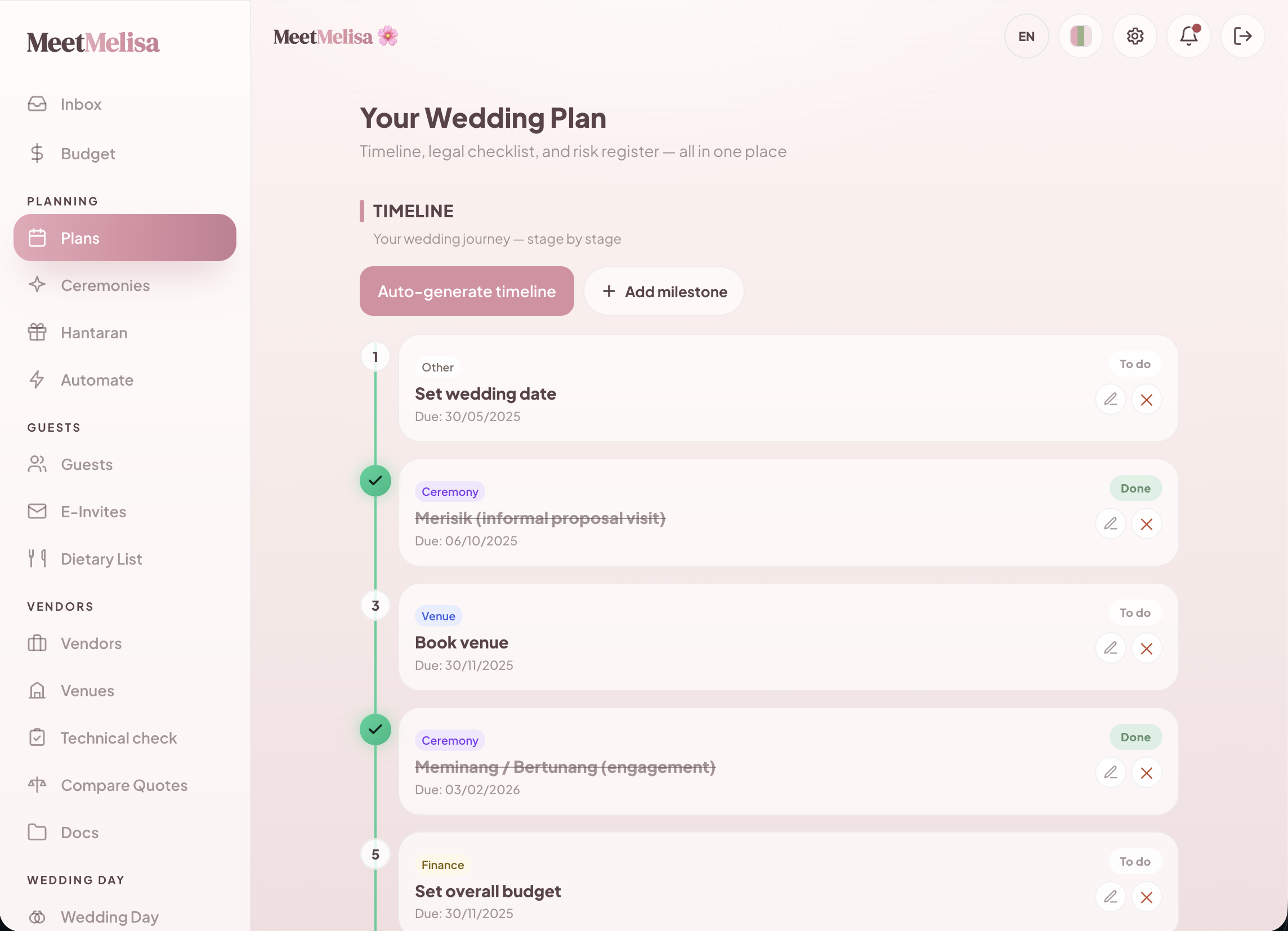 MEETMELISA wedding plan timeline with milestones for merisik, meminang, venue booking, and budget, each with due dates and completion states.