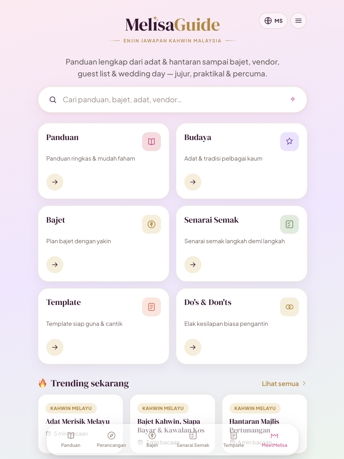 MelisaGuide home in Bahasa Malaysia with hub cards for guides, cultures, budget, checklists, templates, and dos and don'ts.