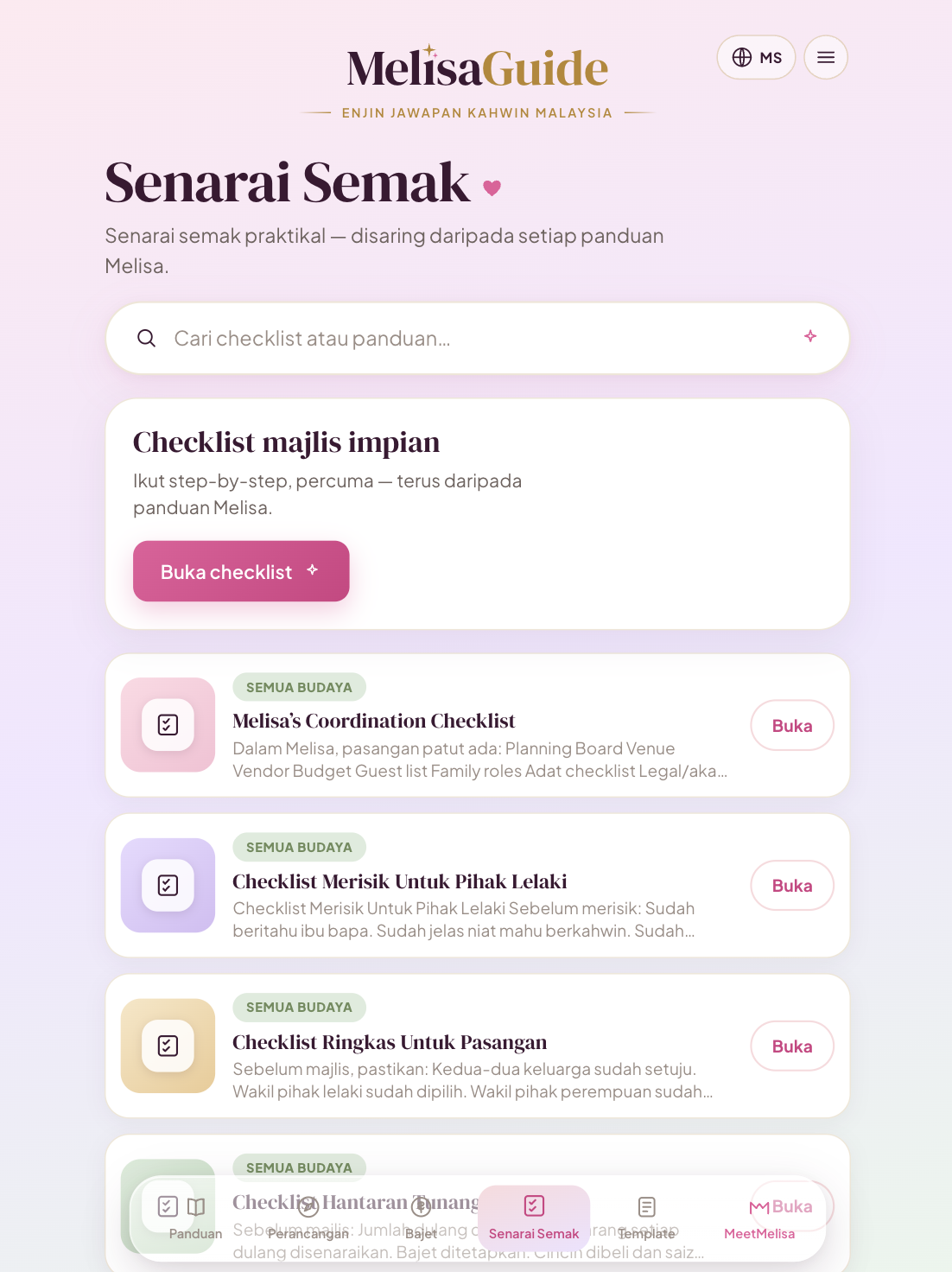 MelisaGuide checklist library in Bahasa Malaysia listing coordination, merisik, couple, and hantaran checklists.