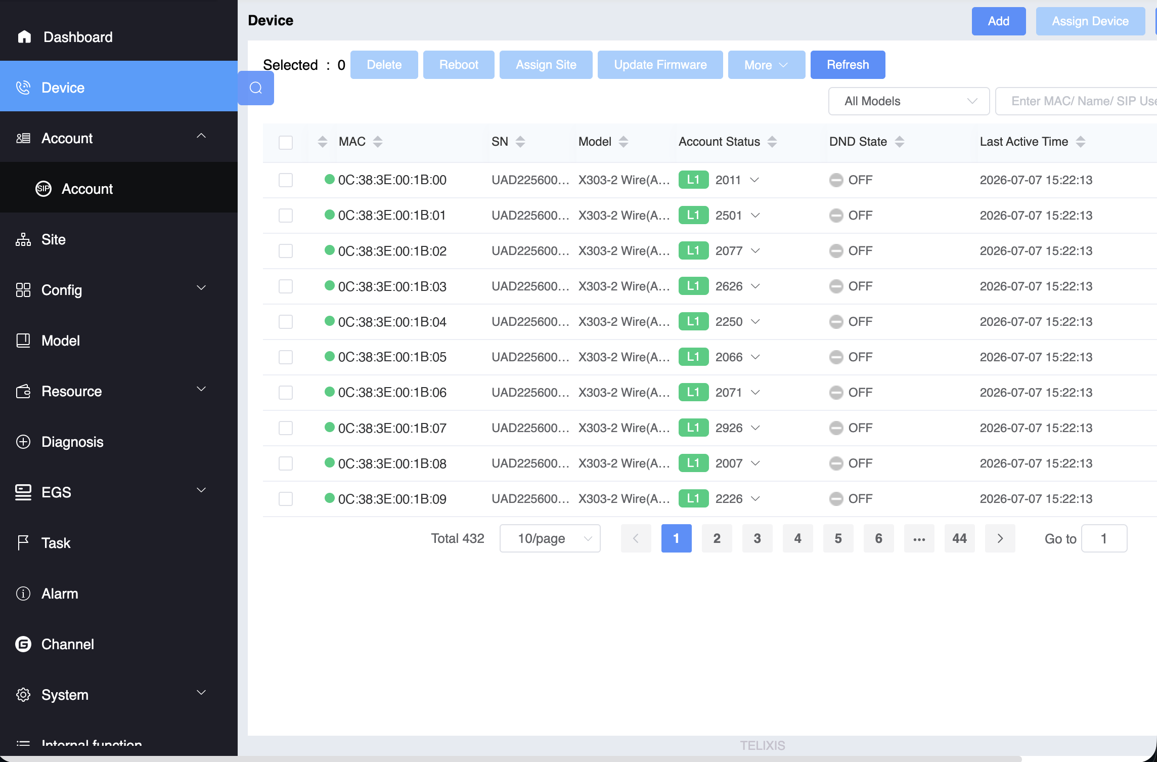 TELIXIS device registry listing IP phones with MAC addresses, models, account status, and last active times, with bulk firmware and site controls.